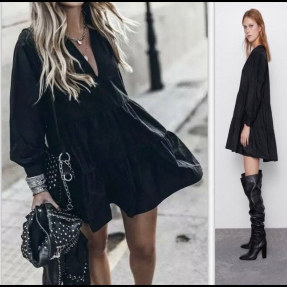 ZARA VOLUMINOUS TAFFETA BLACK MINI DRESS SIZE XS